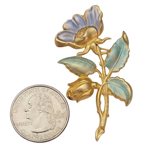 Matte Gold Tone Repousse Periwinkle Pastel Green Enamel Flower Brooch Pin E614 - Picture 6 of 8